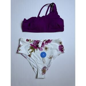 Cupshe Women's Solid Wavy Edge‎ One-Shoulder Bikini Set Rain of Petals Floral L